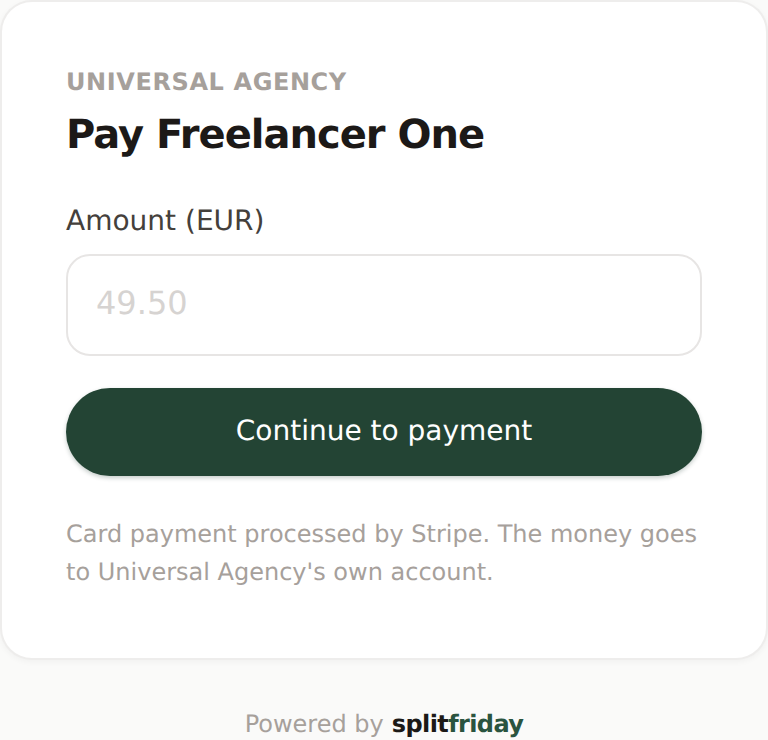 The payment page a client sees after scanning: business name, amount box, pay button