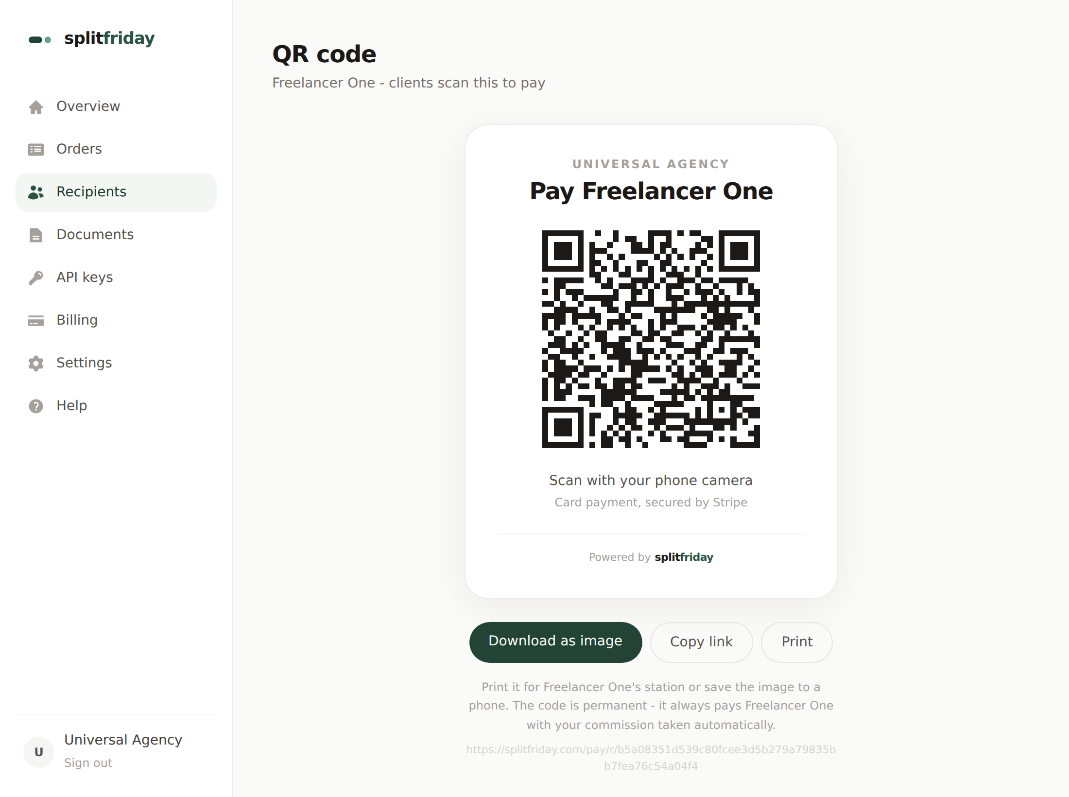 The printable QR payment card with the recipient's name and code